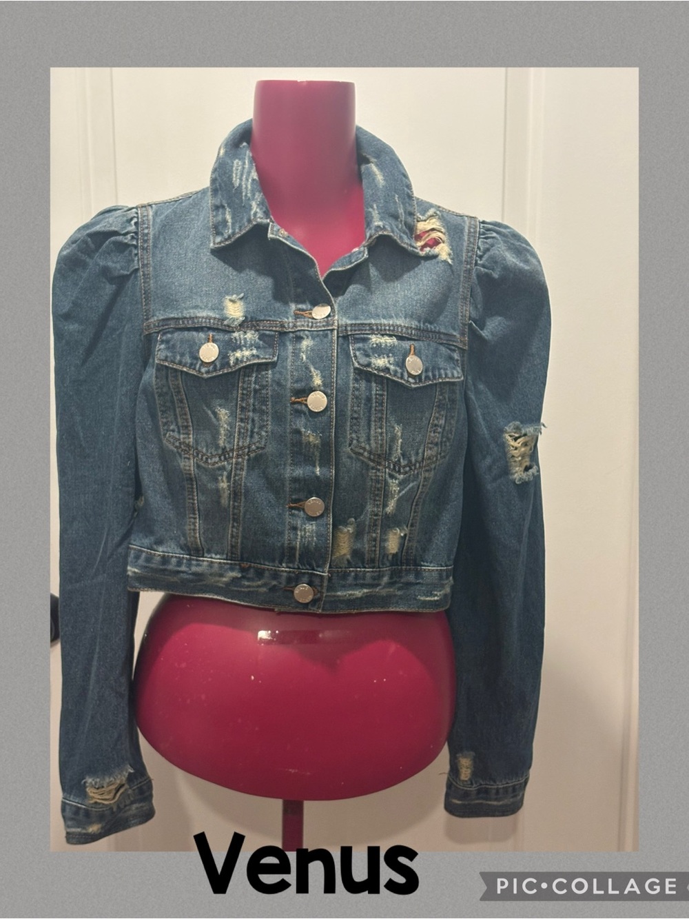VENUS Blue Distressed Cropped Denim Jacket with Puff Shoulders